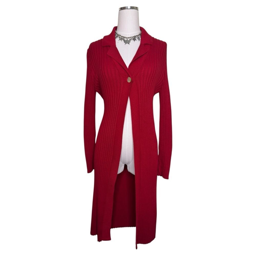 525 American Red Collar Ribbed Long Duster Sweater Cardigan Size Medium